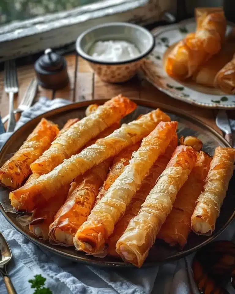 Cigares dorés à la pâte filo garnis de crevettes, prêts à être dégustés.