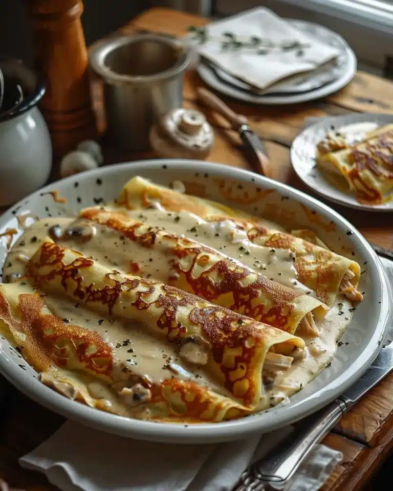 Crêpes roulées au poulet et champignons servies dans une assiette.