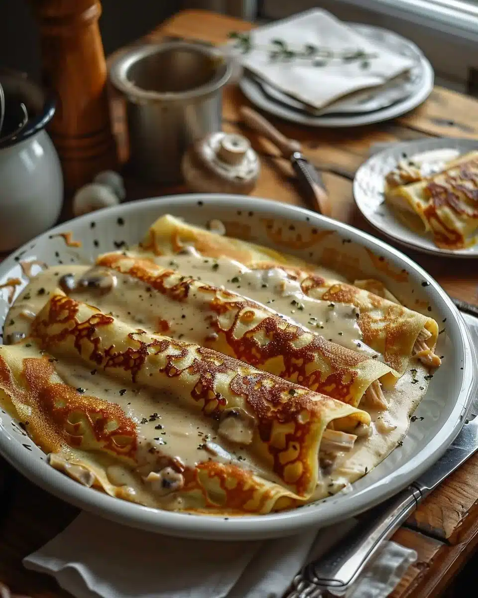 Crêpes Roulées Poulet, Champignons, Béchamel: Un Dîner Réconfortant