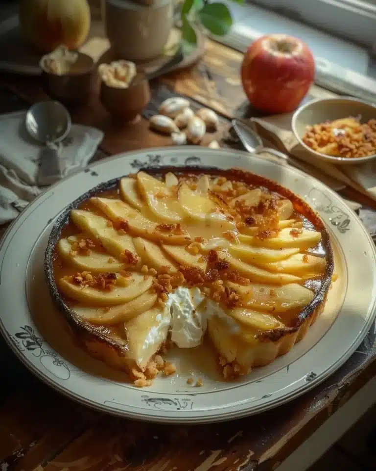 Fondant aux pommes et mascarpone sur une assiette, dessert savoureux