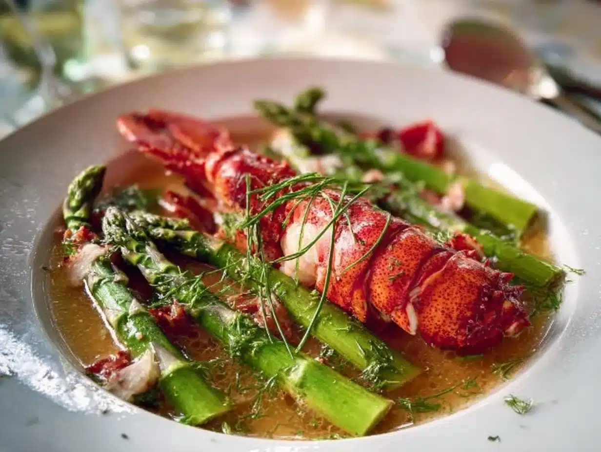 Homard bleu cuit à la nage, asperges vertes du Rhône