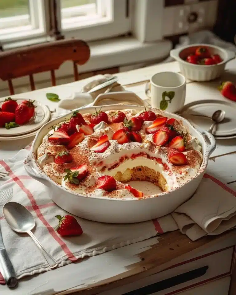 Tiramisu aux fraises, un dessert savoureux et élégant, prêt à déguster.