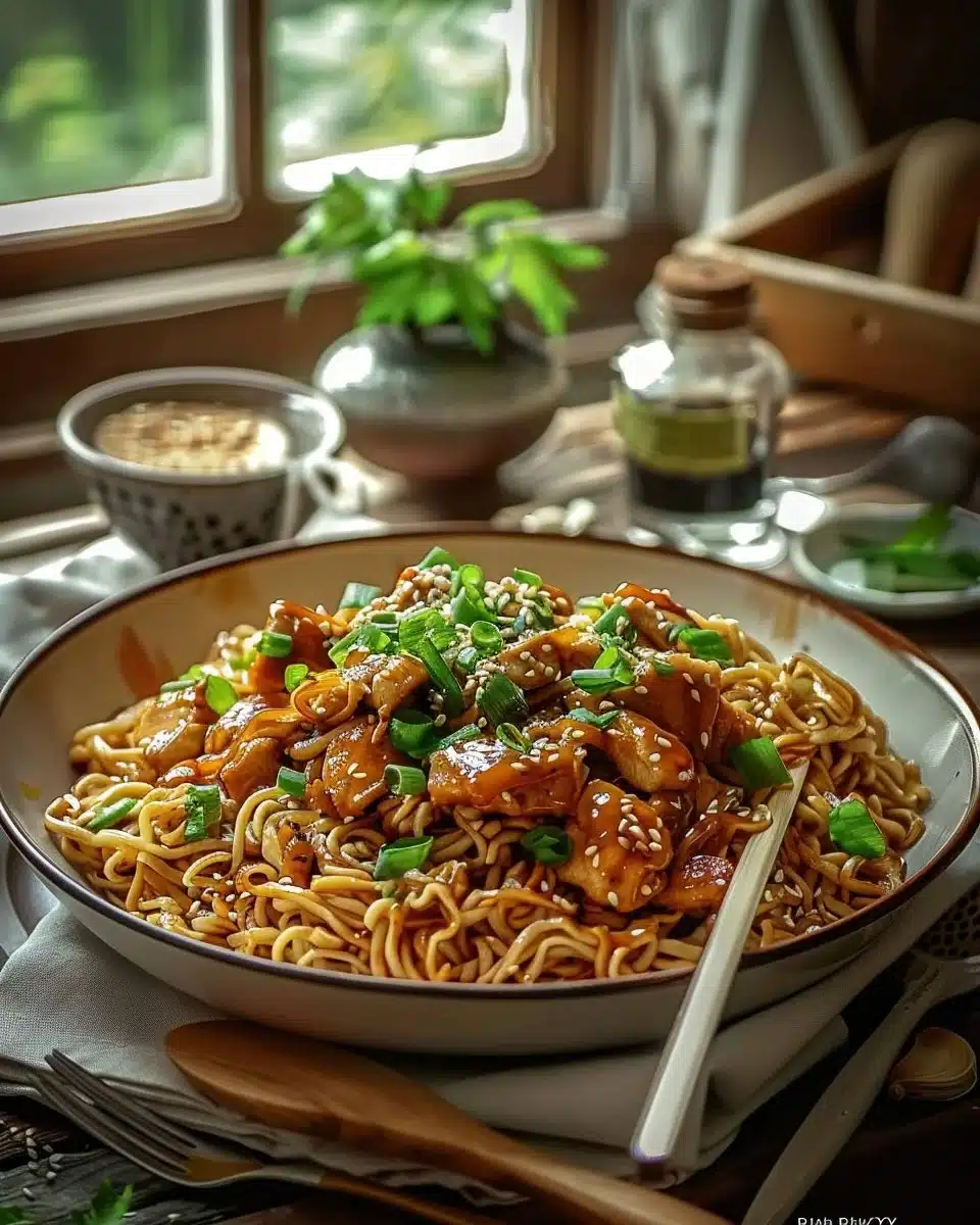 Nouilles sautées au poulet caramélisé
