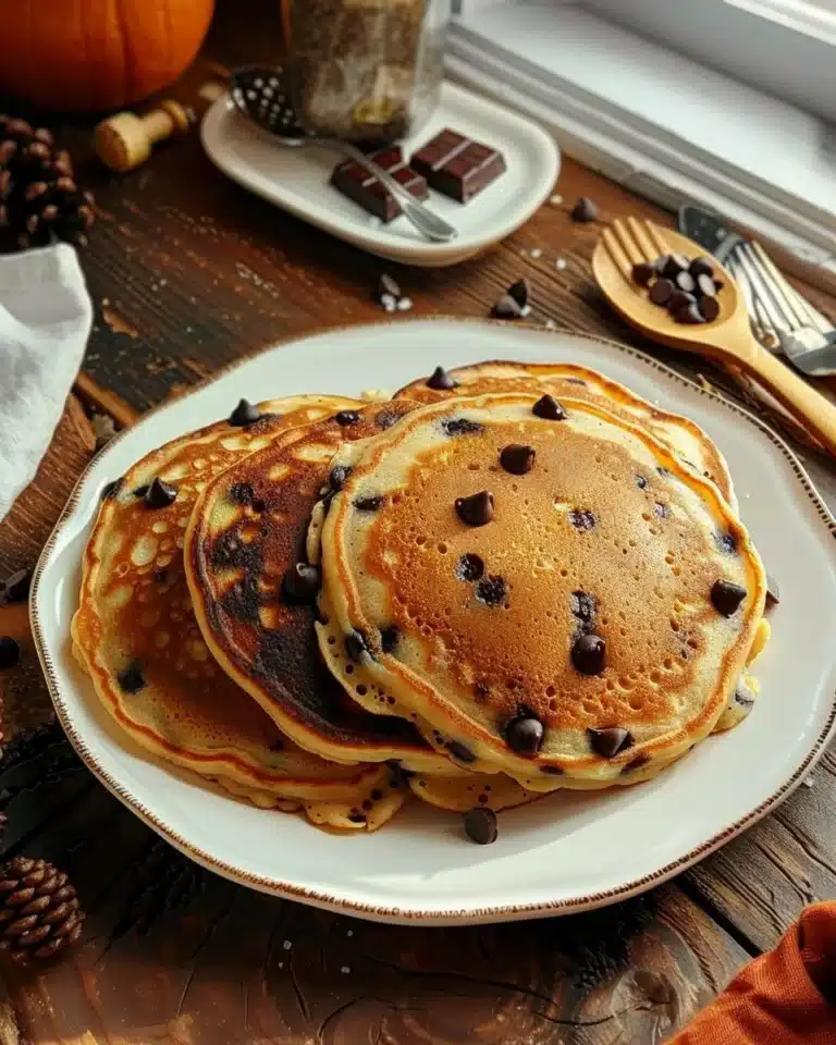 Pancakes protéinés garnis de pépites de chocolat sur une assiette