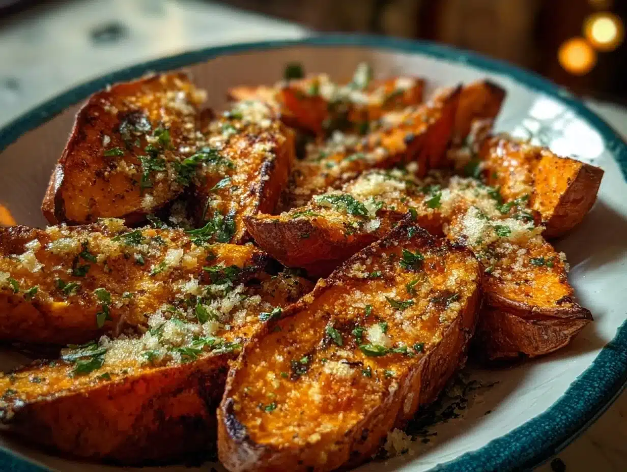 Roasted Sweet Potatoes with Garlic and Parmesan