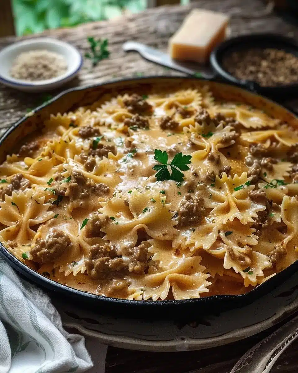 Pâtes papillon à la viande hachée et sauce crémeuse
