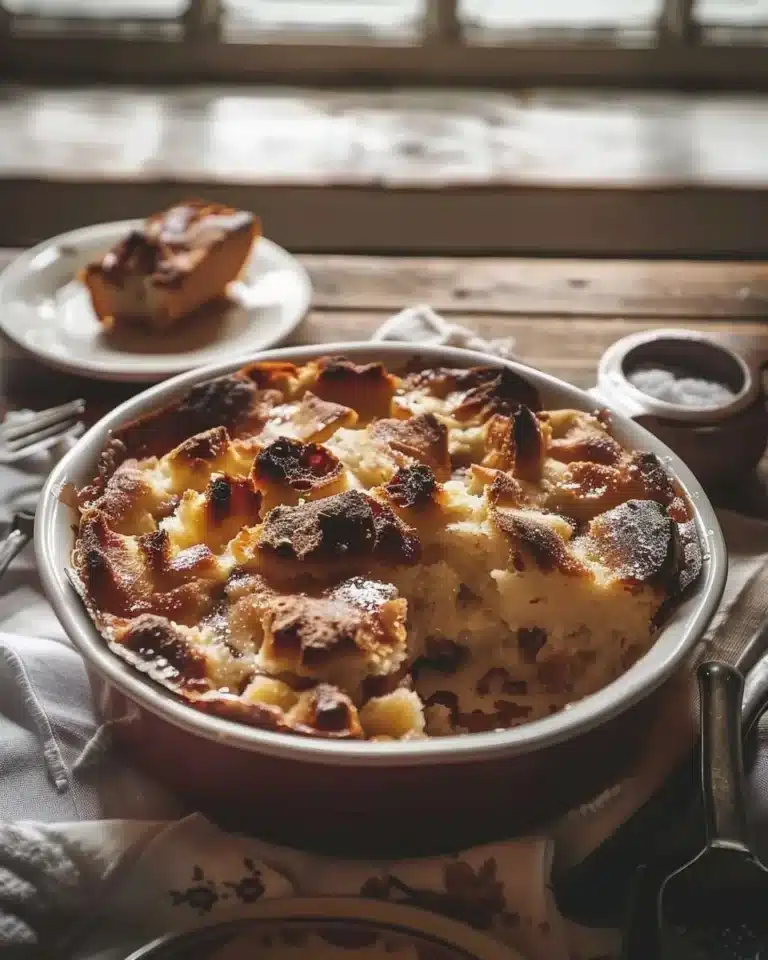 Pudding pain perdu servi avec des fruits et de la crème