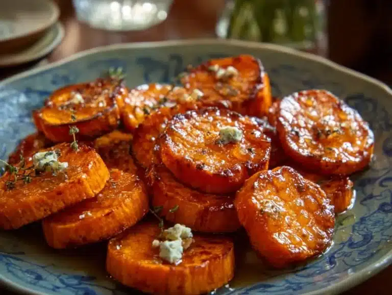 Rondelles de patate douce au miel sur une assiette, garnies de graines