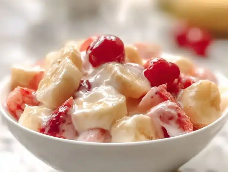 Recette de salade de fruits crémeuse avec des fruits frais et une sauce délicieuse.