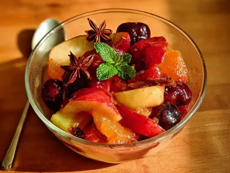 Salade de fruits épicée avec des fruits colorés et des épices aromatiques