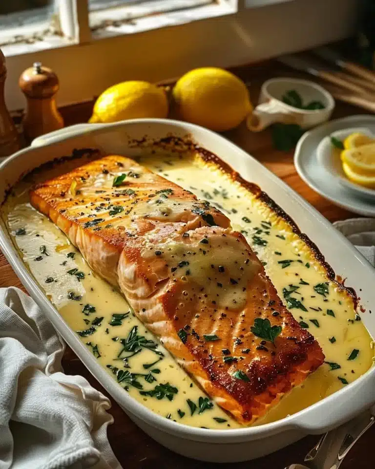 Saumon au four crémeux et citron prêt à servir dans un plat coloré.