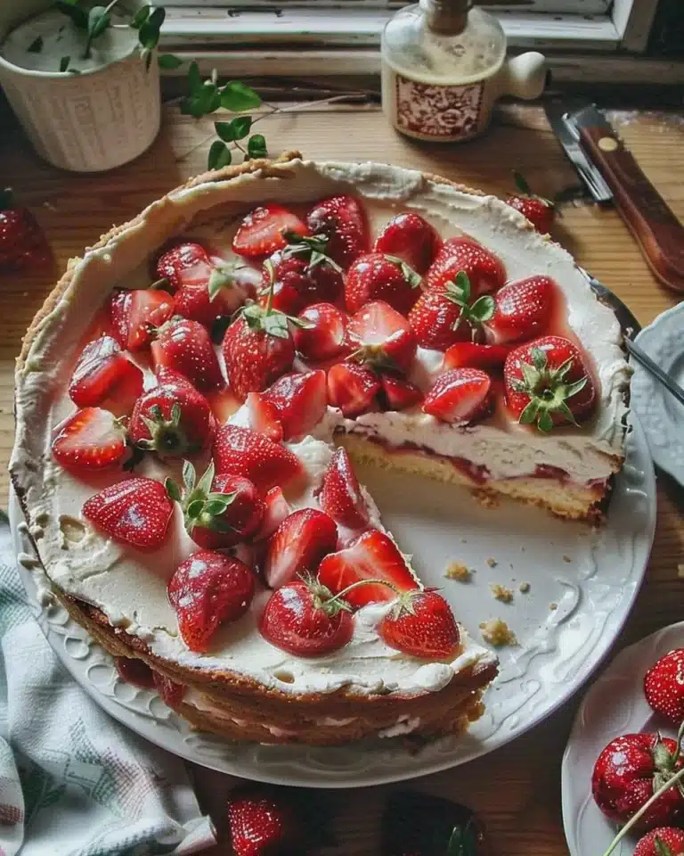 Shortcake aux fraises garnie de crème fouettée et fraises fraîches