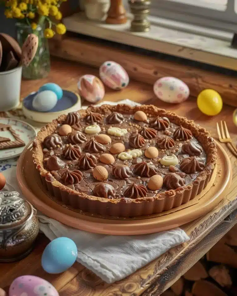 Tarte chocolatée de Pâques garnie de chocolat riche et décorée avec des œufs en sucre.