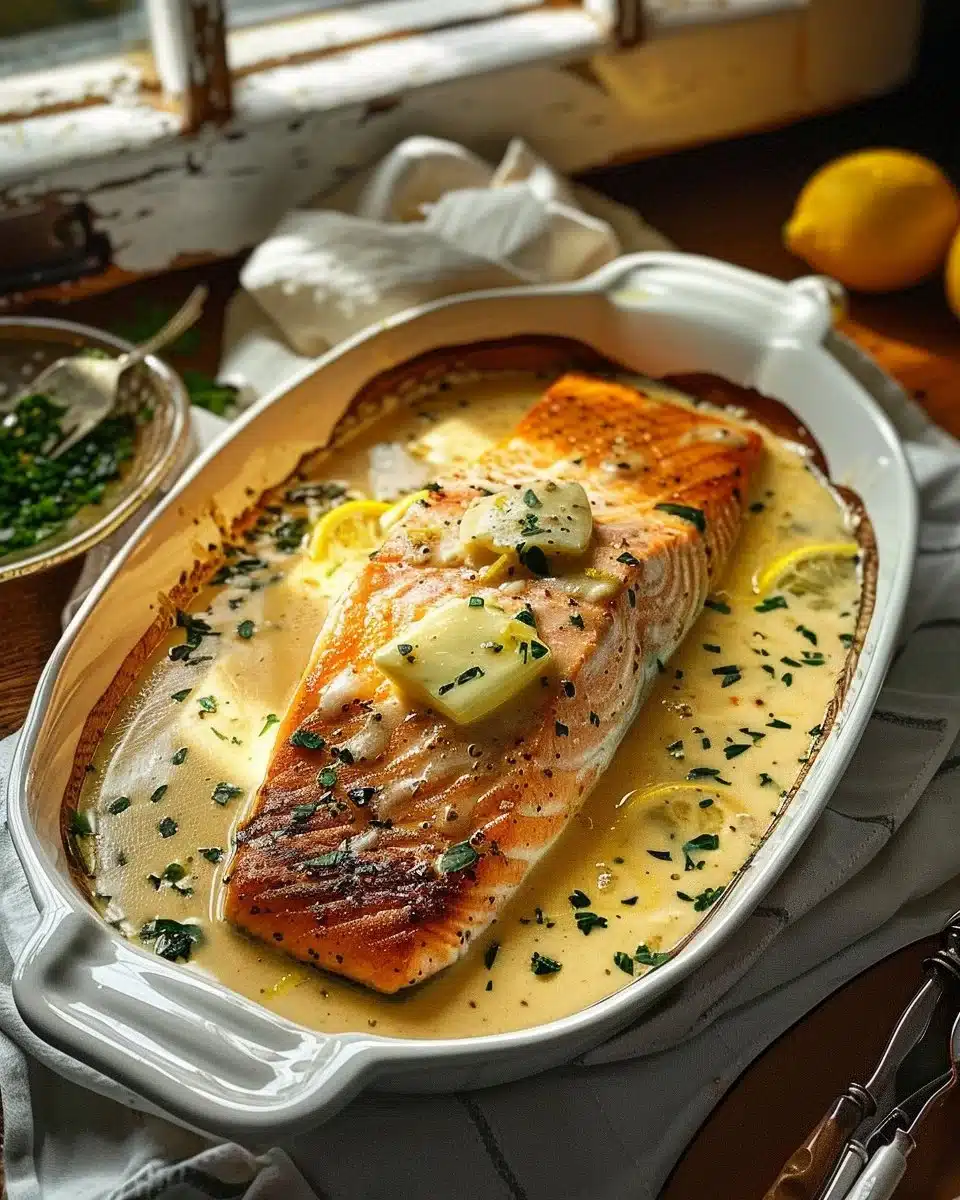 The title is already in French. It translates to "Baked Salmon with Creamy Butter and Lemon Sauce" in English.
