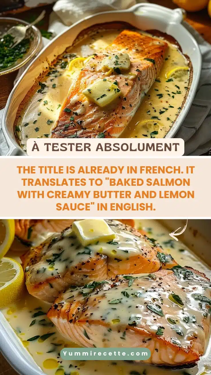 The title is already in French. It translates to "Baked Salmon with Creamy Butter and Lemon Sauce" in English.