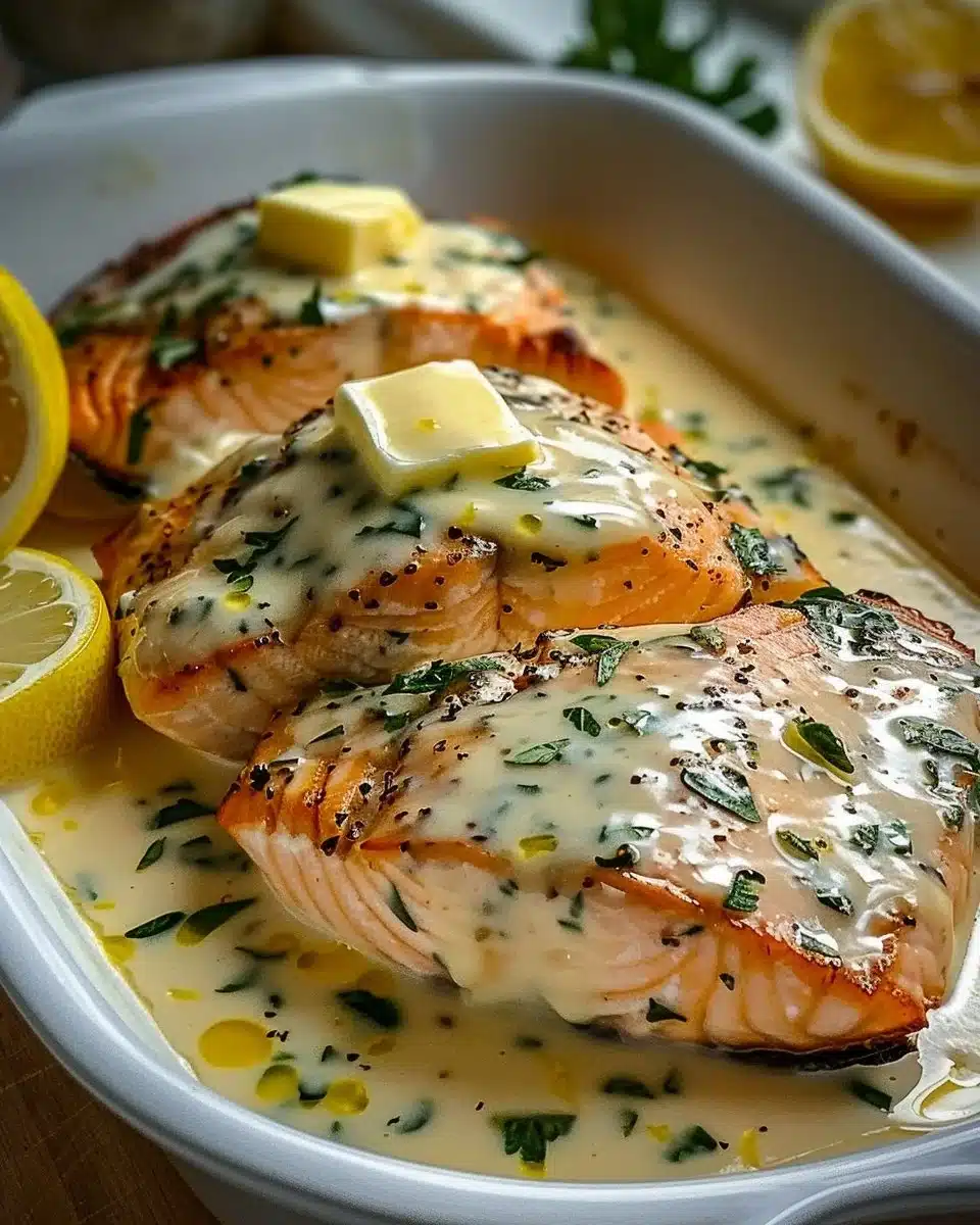 The title is already in French. It translates to "Baked Salmon with Creamy Butter and Lemon Sauce" in English.